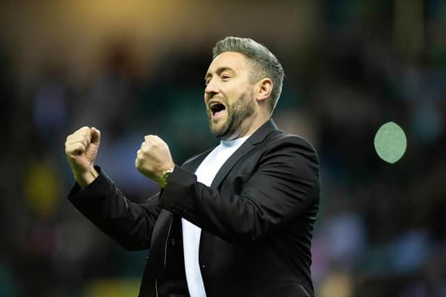 Hibs manager Lee Johnson celebrates the 4-2 win over Celtic.