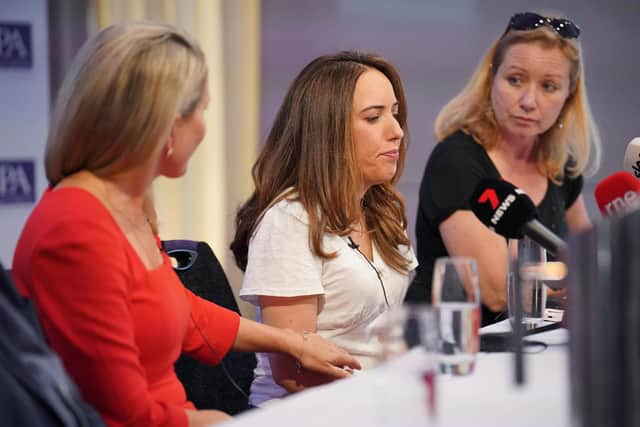 (left to right) Julian Assange's lawyer Jennifer Robinson, Stella Assange, the wife of Julian Assange, and Director of the Foreign Press Association Deborah Bonetti talking to the media at the Royal Over-Seas League in London, after Priti Patel signed an order to extradite Wikileaks founder Julian Assange to the US to face espionage charges. Picture date: Friday June 17, 2022.