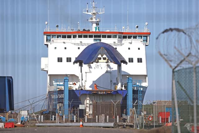 P&O Ferries operated European Causeway vessel in dock at the Port of Larne, Co Antrim, after the vessel travelling between Cairnryan and Larne lost power off the Co Antrim coast. 
Pic: Liam McBurney/PA Wire