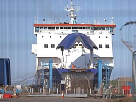 P&O Ferries operated European Causeway vessel in dock at the Port of Larne, Co Antrim, after the vessel travelling between Cairnryan and Larne lost power off the Co Antrim coast. 
Pic: Liam McBurney/PA Wire