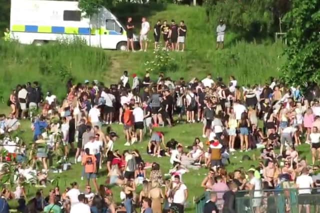 The scene shows large crowds in Kelvingrove Park in Glasgow on Saturday. Pic: Mary Twaddle Smith/ video on twitter