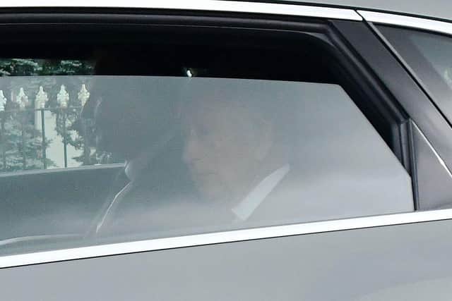 King Charles III and Camilla, Queen consort drive through Ballater having left Balmoral via Birkhall House. Picture: Michael Gillen