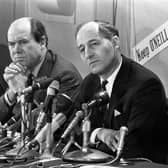 Captain Terence O'Neill, Northern Ireland Prime Minister, (right) and Roy Bradford, Minister of Commerce, at a news conference at Unionist headquarters in Belfast. Picture: PA/PA Wire