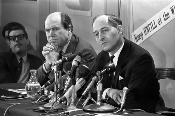 Captain Terence O'Neill, Northern Ireland Prime Minister, (right) and Roy Bradford, Minister of Commerce, at a news conference at Unionist headquarters in Belfast. Picture: PA/PA Wire
