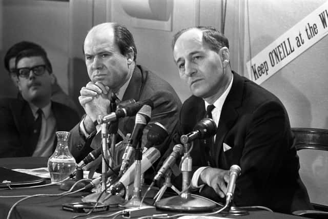 Captain Terence O'Neill, Northern Ireland Prime Minister, (right) and Roy Bradford, Minister of Commerce, at a news conference at Unionist headquarters in Belfast. Picture: PA/PA Wire