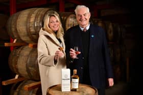 Fiona and George Stewart raise a glass to the first bottled release of Falkirk Distillery's whisky going on public sale this week. Pic: Michael Gillen