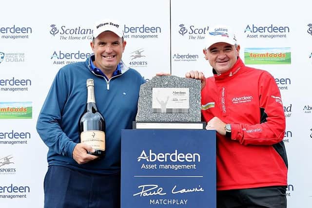 Winner Anthony Wall pictured with the tournament host at the end of the Aberdeen Asset Management Paul Lawrie Matchplay at Archerfield Links in 2016. Picture: Mark Runnacles/Getty Images.