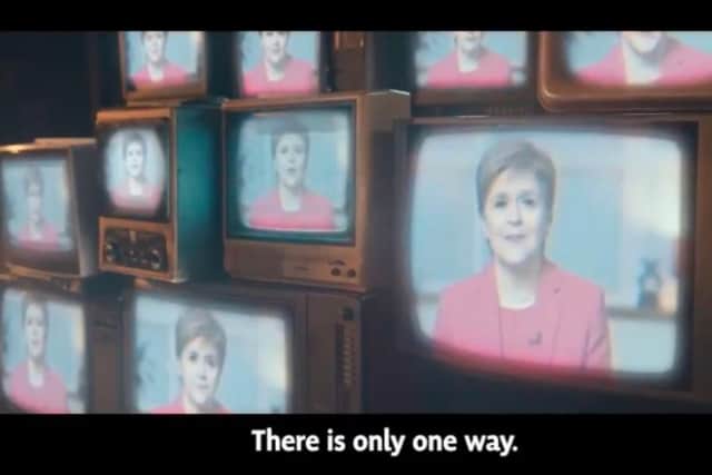 A dramatic new party political broadcast from the SNP was branded “creepy” by some viewers on Tuesday evening, who likened the image of the First Minister plastered across dozens of television screens during the advert to that of Big Brother in George Orwell’s 1984.