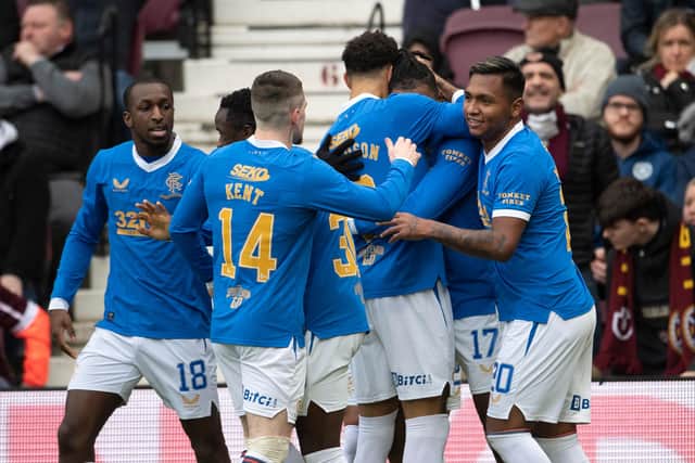 Rangers celebrate going 2-0 up against Hearts at Tynecastle.