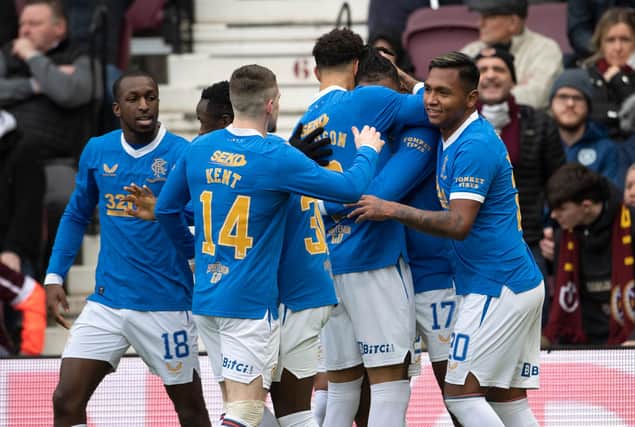 Rangers celebrate going 2-0 up against Hearts at Tynecastle.