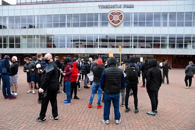Hearts fans protesting outside Tynecastle against the stewardship of manager Robbie Neilson and owner Ann Budge. Picture: SNS