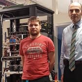 From left: technician Richard Osborne and Professor Dragan Jovcic from the School of Engineering at the University of Aberdeen beside the DC circuit-breaker. Picture: contributed.