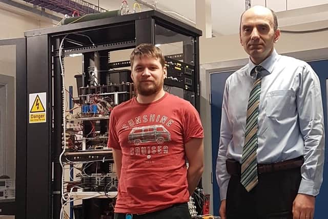 From left: technician Richard Osborne and Professor Dragan Jovcic from the School of Engineering at the University of Aberdeen beside the DC circuit-breaker. Picture: contributed.