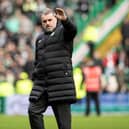 Celtic manager Ange Postecoglou celebrates at full time after the win over Hibs.