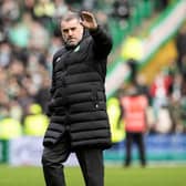 Celtic manager Ange Postecoglou celebrates at full time after the win over Hibs.