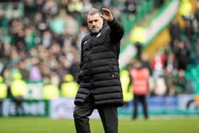 Celtic manager Ange Postecoglou celebrates at full time after the win over Hibs.