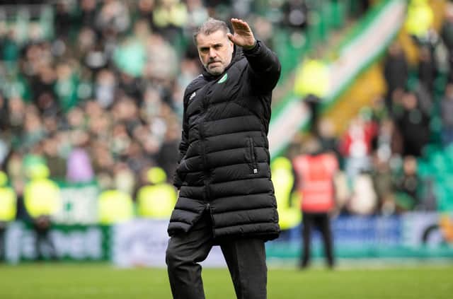Celtic manager Ange Postecoglou celebrates at full time after the win over Hibs.