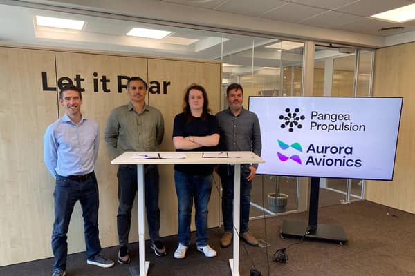Aurora Team with Pangea CEO (left to right) Myles Bax Commercial Lead,  Aurora Avionics, Adrià Argemí CEO, Pangea Propulsion, Oren Smith-Carpenter