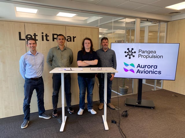 Aurora Team with Pangea CEO (left to right) Myles Bax Commercial Lead, Aurora Avionics, Adrià Argemí CEO, Pangea Propulsion, Oren Smith-Carpenter