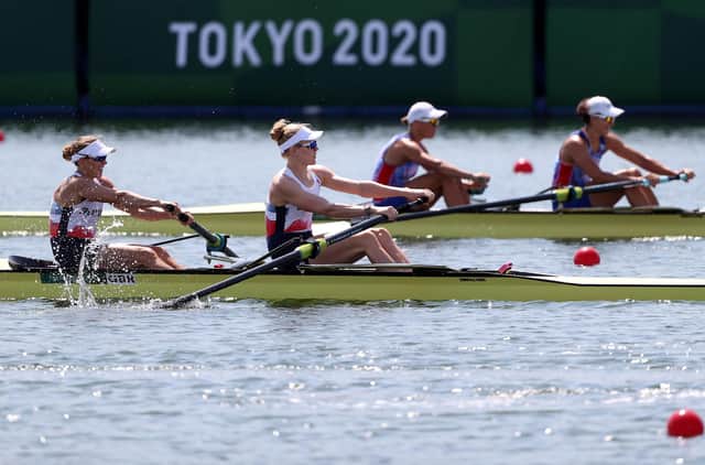 Helen Glover and Polly Swann of Team GB compete against Vasilisa Stepanova and Elena Oriabinskaia of Team ROC at Sea Forest Waterway