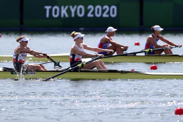 Helen Glover and Polly Swann of Team GB compete against Vasilisa Stepanova and Elena Oriabinskaia of Team ROC at Sea Forest Waterway