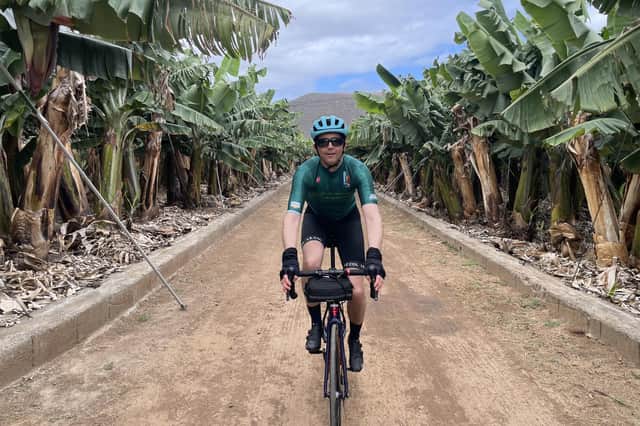 Riding through the Finca los Cercados banana plantation in Los Silos. Pic: Ben Mitchell/PA.