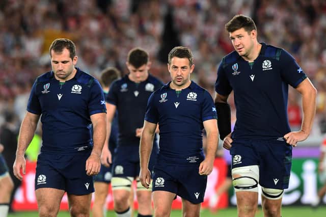 Disappointment for Scotland's Fraser Brown, Greg Laidlaw and Grant Gilchrist after the defeat by Japan at the 2019 Rugby World Cup. (Photo by Gary Hutchison/ SNS Group)