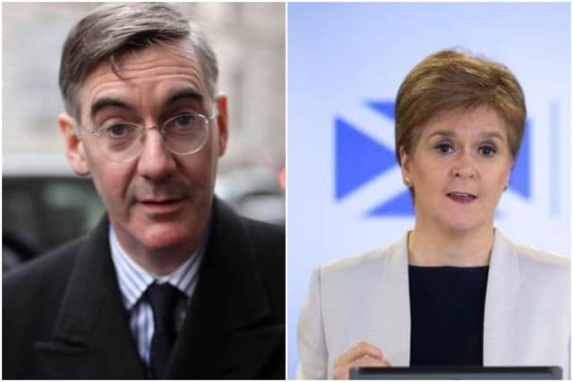 Jacob Rees-Mogg pictured on the left and First Minister Nicola Sturgeon on the right
