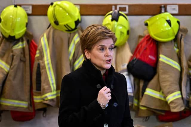 Nicola Sturgeon speaks during a visit to Bathgate Fire Station in Bathgate. Picture: Jeff J Mitchell/POOL/AFP via Getty Images