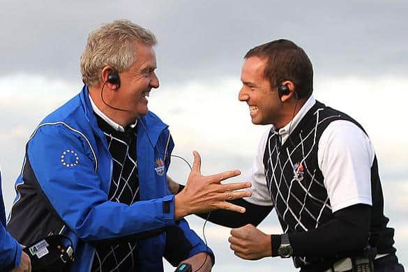 Europe captain Colin Montgomerie celebrates with vice captain Sergio Garcia during the 2010 Ryder Cup at Celtic Manor. Picture: Jamie Squire/Getty Images.
