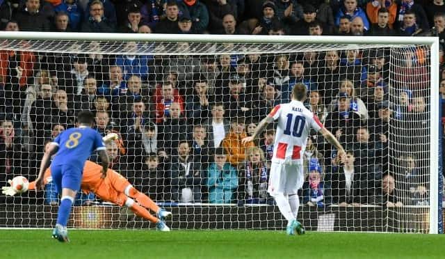 Allan McGregor, who has now played 101 European games for Rangers, saves a penalty from Aleksandar Katai during the Europa League last 16 tie against Red Star Belgrade in March. (Photo by Craig Foy / SNS Group)