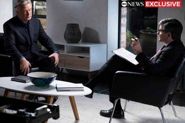 This image released by ABC News shows actor-producer Alec Baldwin, left, during an interview with “Good Morning America†co-anchor George Stephanopoulos. The hour-long interview about the fatal shooting on the set of Baldwin's film “Rust,†will air Thursday, Dec. 2 at 9 p.m. EST on ABC. (Jeffrey Neira/ABC News via AP)
