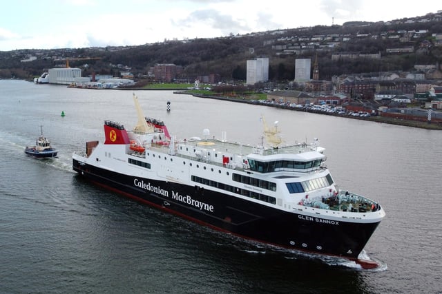 The Glen Sannox sails under its own power for the first time with a tug in tow. Picture: John Devlin