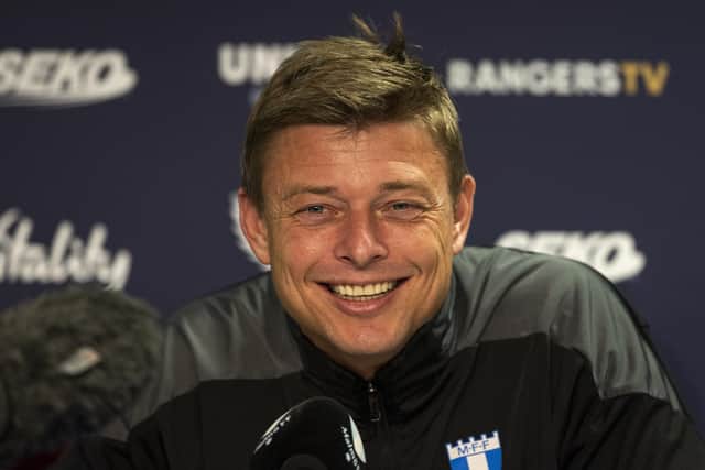 Malmo manager Jon Dahl Tomasson smirks as he discusses Rangers finances prior to the Champions League qualifier in August. (Photo by Alan Harvey / SNS Group)