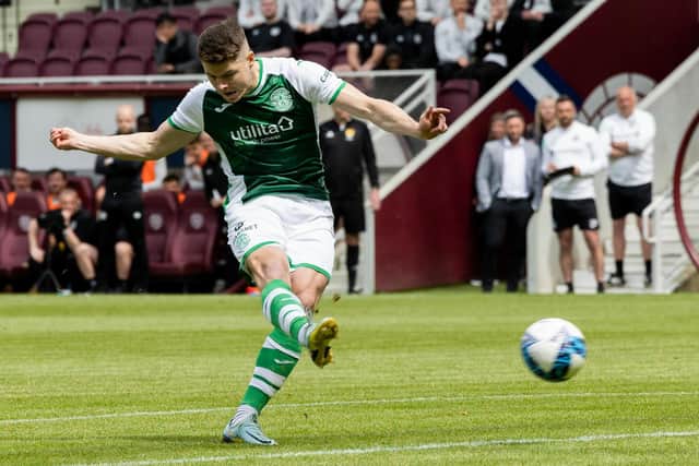 Kevin Nisbet scores his last goal for Hibs in the 1-1 draw with Hearts on the final day of the Premiership season before his move to Millwall. (Photo by Mark Scates / SNS Group)