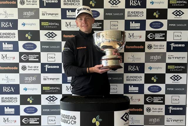 Kieran Cantley shows off the trophy after his two-shot success in the Porthlethen Classic, the fourth event of the season on Tartan Pro Tour. Picture: Tartan Pro Tour