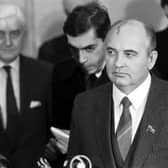 Mikhail Gorbachev arrives at Edinburgh Airport during his visit to Scotland in December 1984. Picture: Hamish Campbell Jack Crombie / TSPL