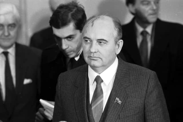 Mikhail Gorbachev arrives at Edinburgh Airport during his visit to Scotland in December 1984. Picture: Hamish Campbell Jack Crombie / TSPL