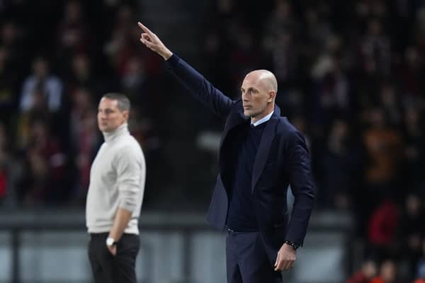 Philippe Clement gives instructions to his Rangers players during the 0-0 draw at Sparta Prague.