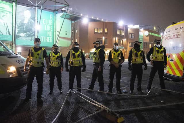 Glasgow police have confirmed they are investigating violent scenes that erupted outside Celtic Park on Sunday night, leaving three police officers injured. (Photo by Alan Harvey / SNS Group)