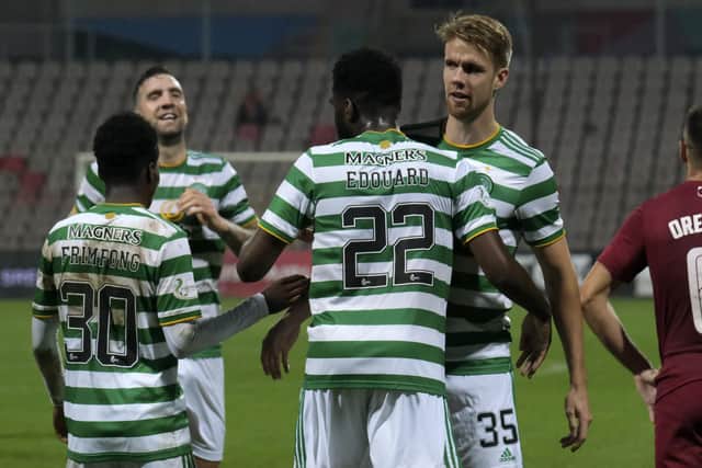 Odsonne Edouard celebrates scoring the game's only goal with his team-mates. Picture: SNS