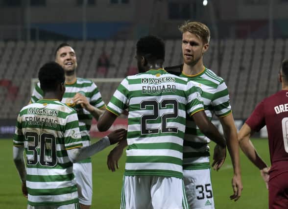 Odsonne Edouard celebrates scoring the game's only goal with his team-mates. Picture: SNS
