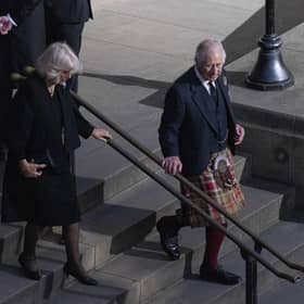 King Charles III arrives in Edinburgh with the Queen Consort as the Queen's coffin rested in the Scottish capital last week. PIC: Lisa Ferguson.