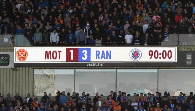 MOTHERWELL, SCOTLAND - APRIL 23: The scoreboard at full time during a cinch Premiership match between Motherwell and Rangers at Fir Park, on April 23, 2022, in Motherwell, Scotland.  (Photo by Craig Foy / SNS Group)