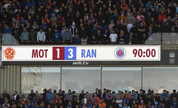 MOTHERWELL, SCOTLAND - APRIL 23: The scoreboard at full time during a cinch Premiership match between Motherwell and Rangers at Fir Park, on April 23, 2022, in Motherwell, Scotland.  (Photo by Craig Foy / SNS Group)