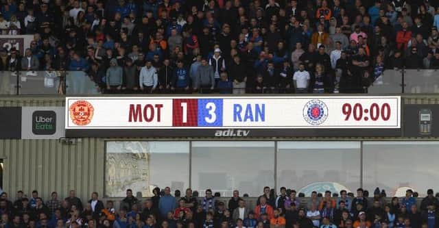 MOTHERWELL, SCOTLAND - APRIL 23: The scoreboard at full time during a cinch Premiership match between Motherwell and Rangers at Fir Park, on April 23, 2022, in Motherwell, Scotland. (Photo by Craig Foy / SNS Group)