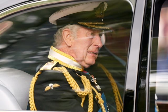 King Charles III arrives ahead of the State Funeral of Queen Elizabeth II, held at Westminster Abbey, London. Picture date: Monday September 19, 2022.