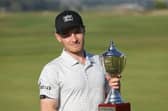 Jack South shows off the trophy after winning The Motocaddy Masters at Leven Links in 2021. Picture: PGA EuroPro Tour.