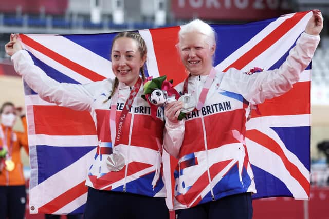 Scotland's Aileen McGlynn, right, and pilot Helen Scott, claimed silver for Team GB in the track cycling Women's B 1000m time trial. (Photo by Kiyoshi Ota/Getty Images)