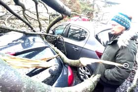 Lesley Kerr, 62, standing next to her car which was damaged by a fallen tree during Storm Isha on Sunday evening (pic: Lisa Ferguson)